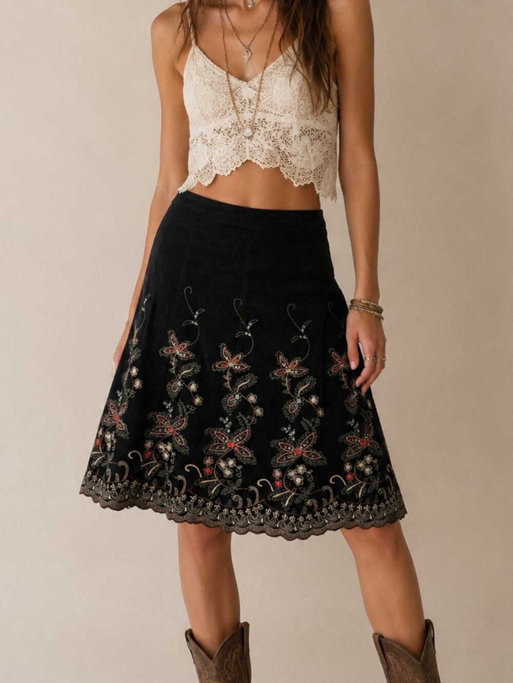 Vintage Y2K Armor Jeans Floral Embroidered Corduroy Skirt Size M Boho